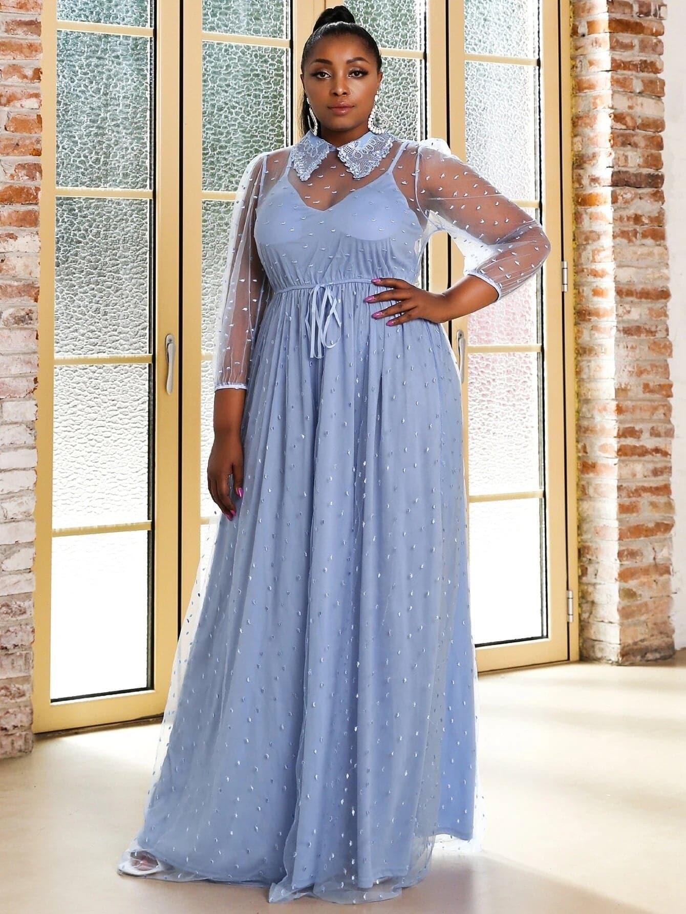 MISSORD Plus Knot Front Maxi Embroidery Mesh Prom Dress P0154