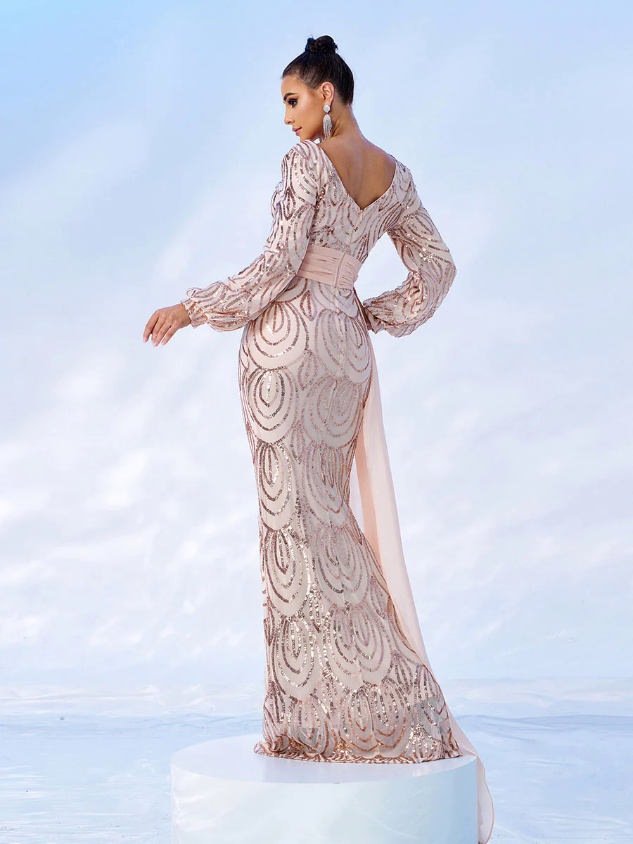 Formal Draping Sequin Long Sleeve Dress XJ1524