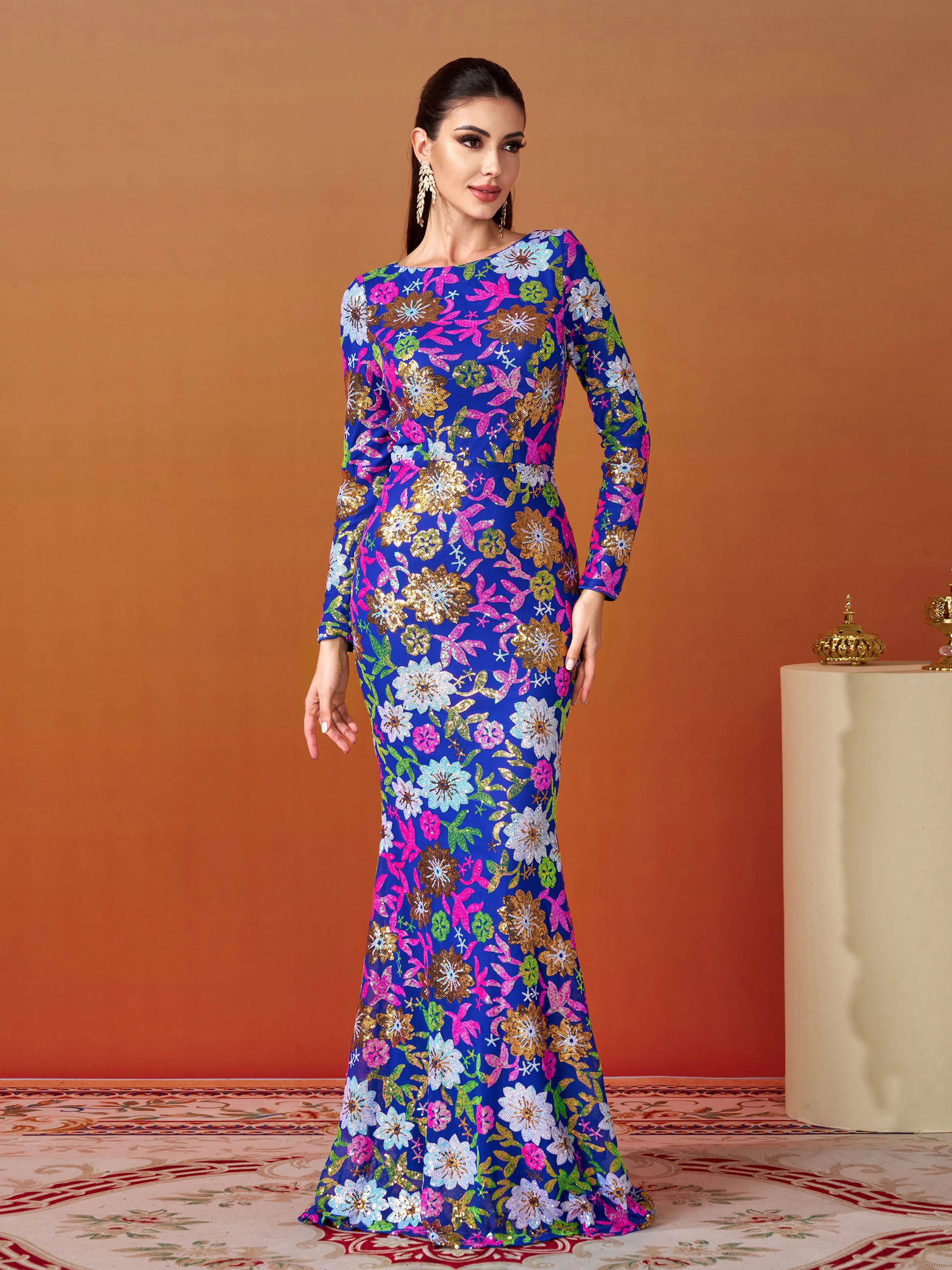 Crew Neck Floral Sequin Dress RJ10987