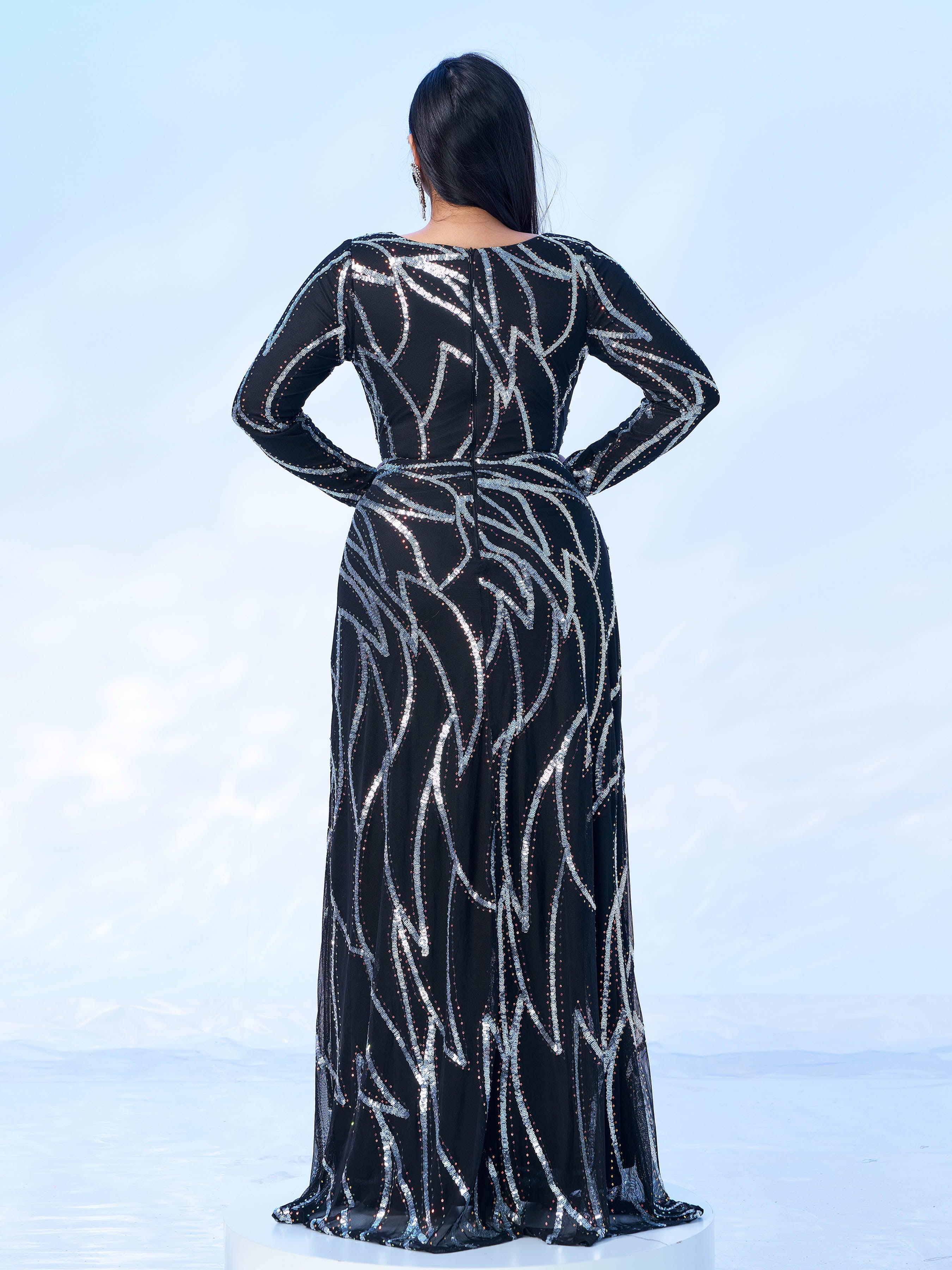 Plus Long Sleeve Sequin A-line Dress PXJ1962