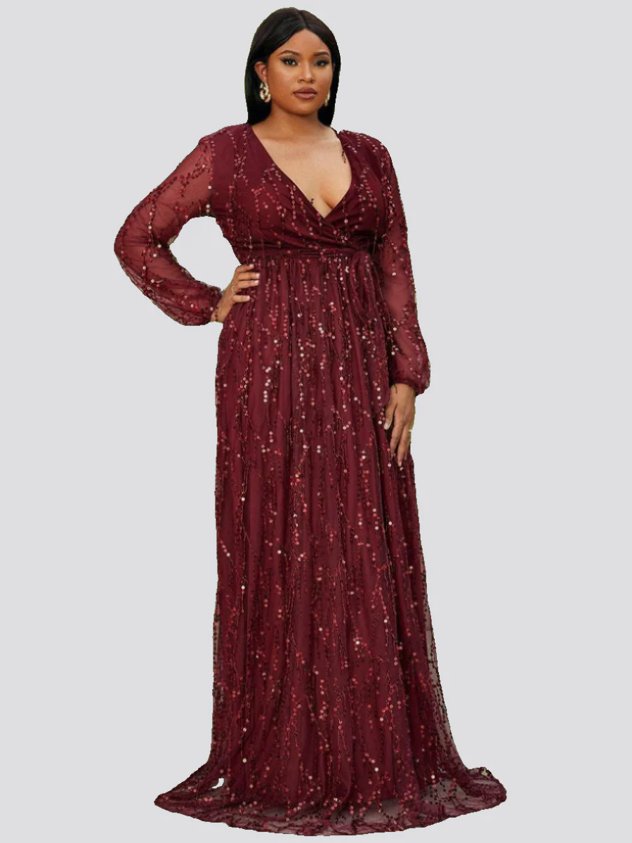 Plus V Neck Red Sequin Mesh Maxi Dress P0376