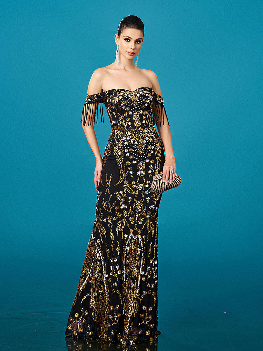 Off Shoulder Fringed Floral Sequin Prom Dress DH80448