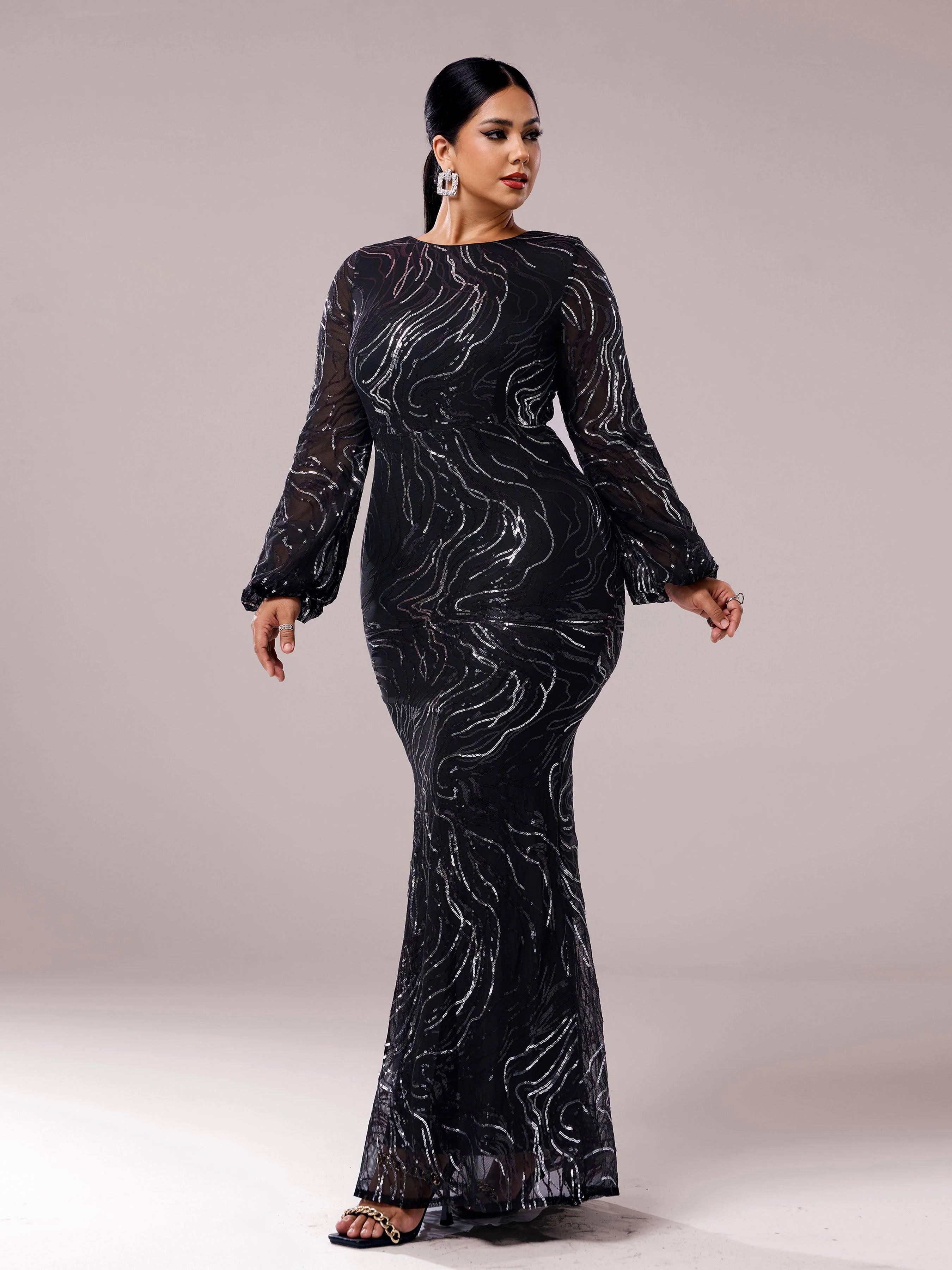 Plus Size Long Sleeve Sequin Prom Dress PXJ1500