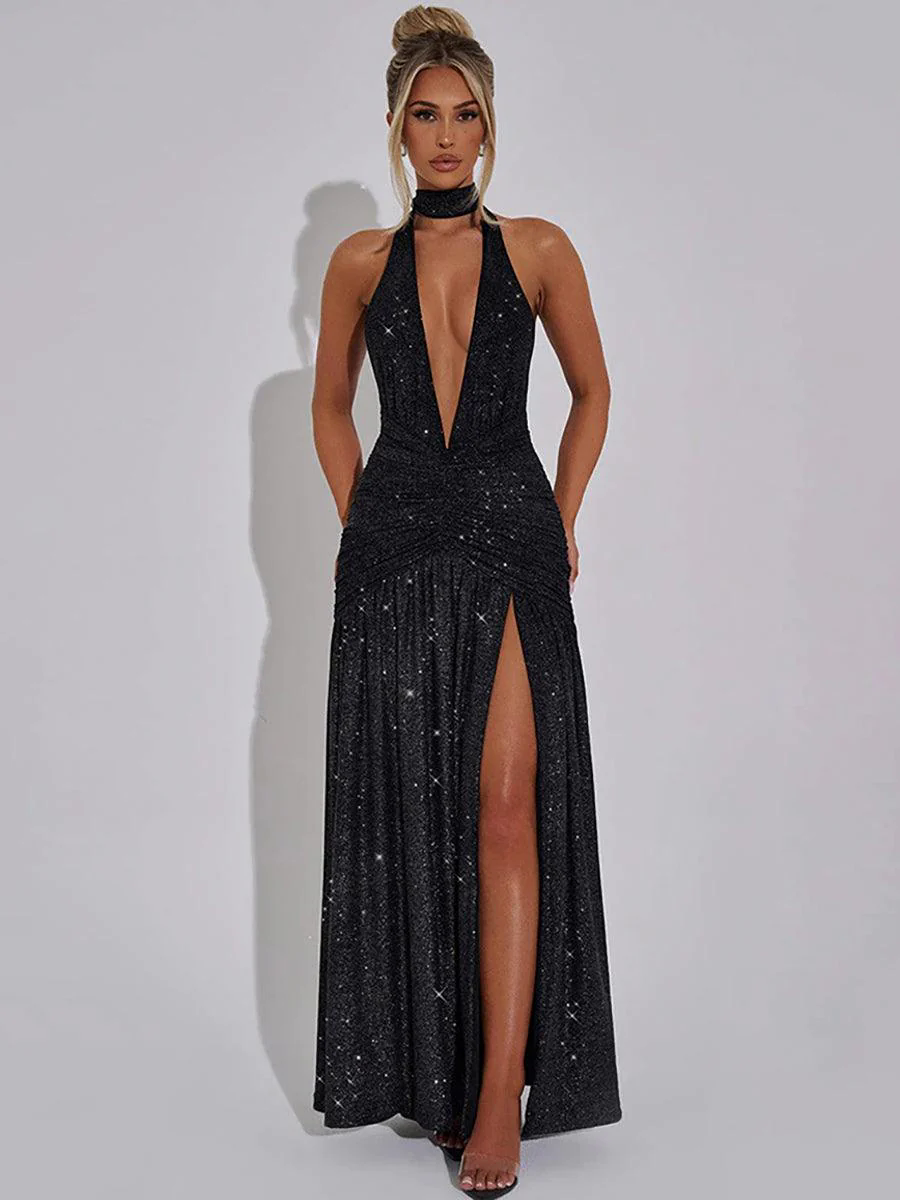 Halter Backless Sequin Plung Prom Dress MYC2020