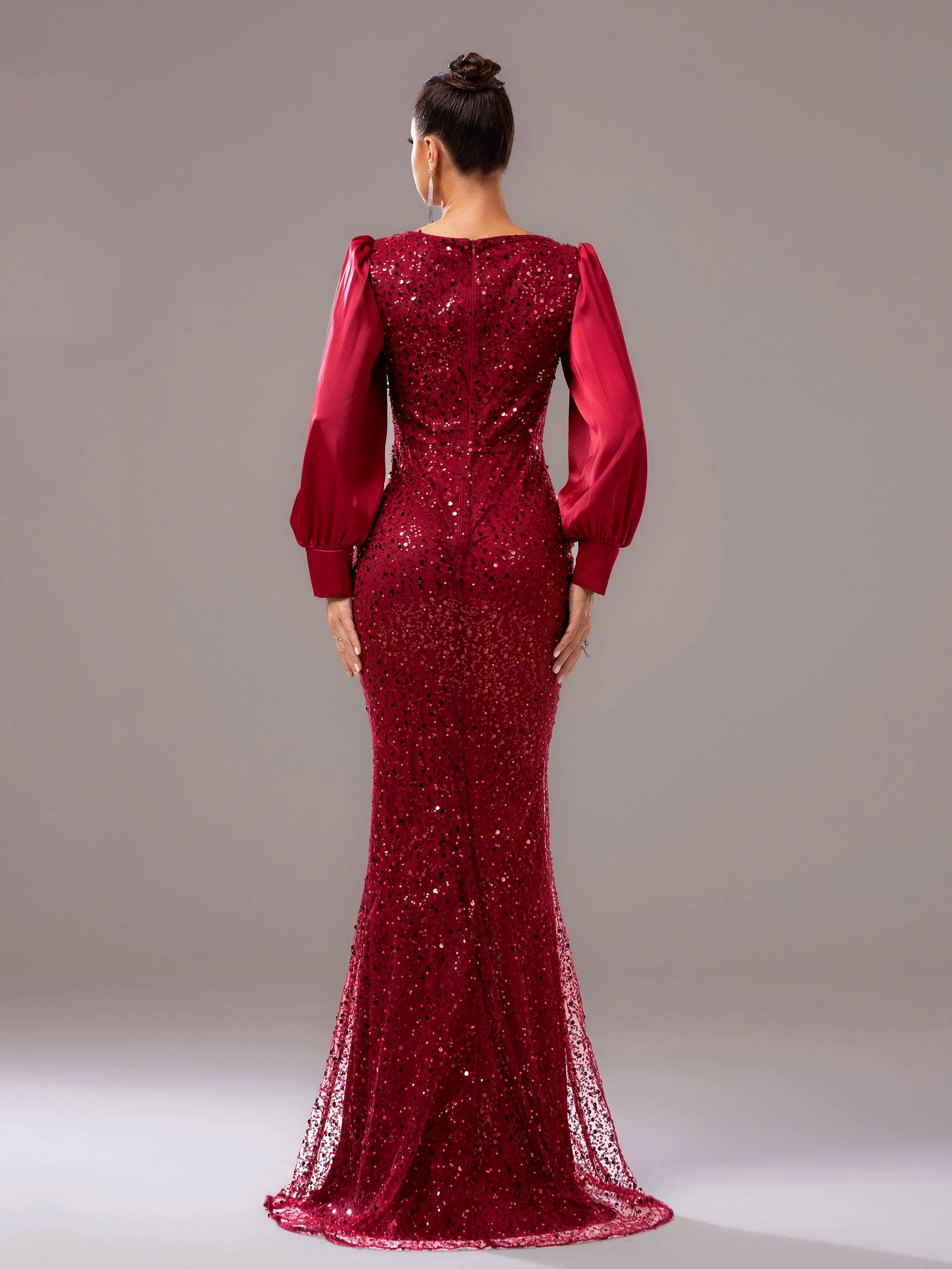 Red Panel Sequin Long Sleeve Mermaid Evening Dress RJ11967