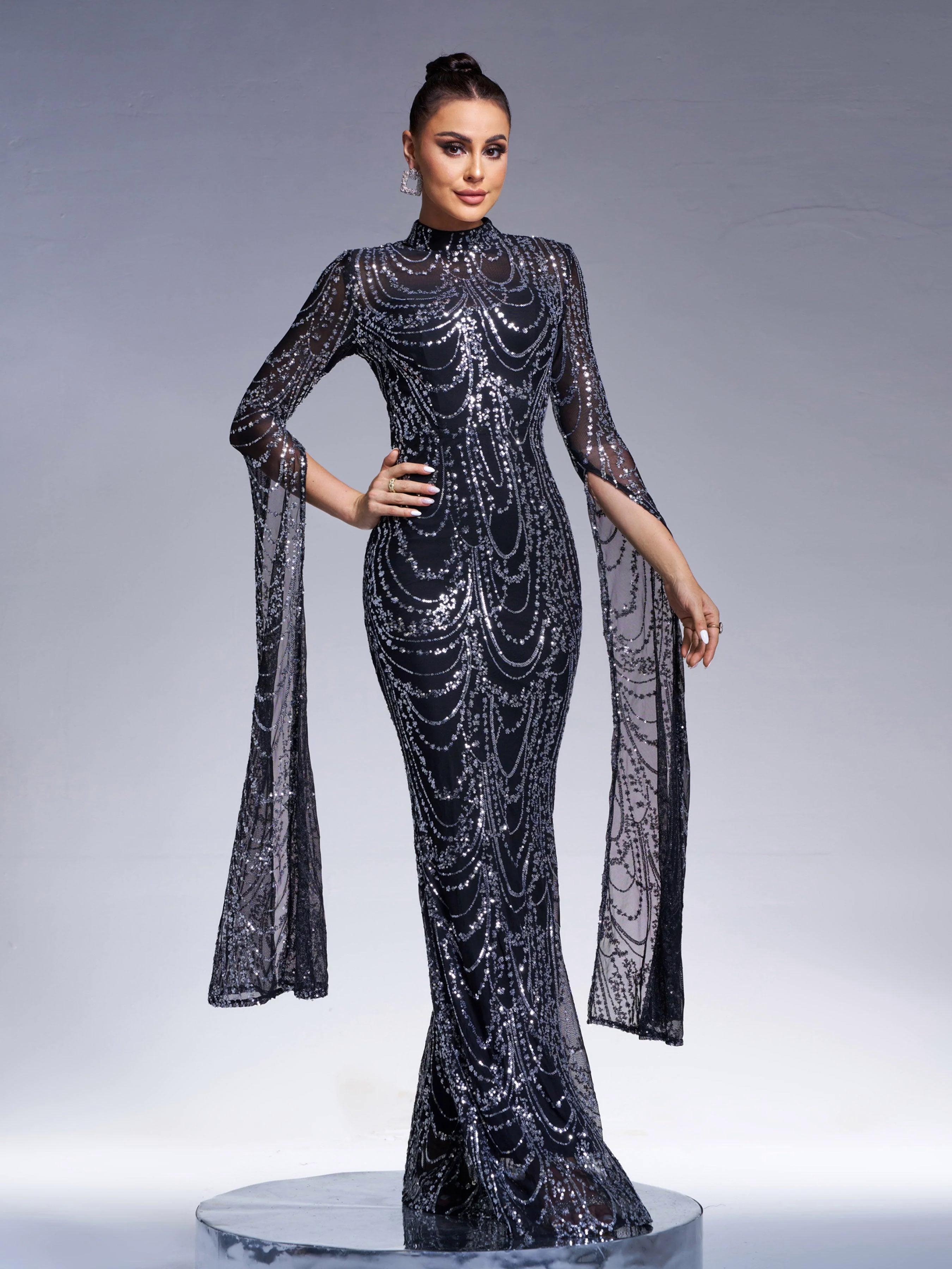Stand Collar Mermaid Long Sleeve Evening Dress RA60055