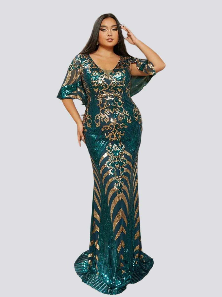 Plus V-neck Mermaid Sequin Green Dress PRH30738
