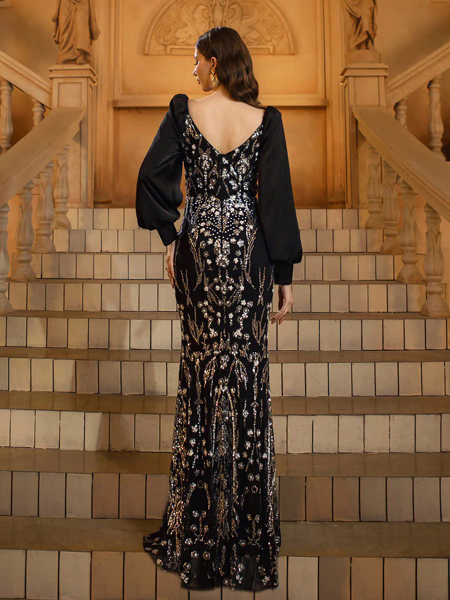 Black Sequin Floral Long Sleeve Prom Dress DH80450