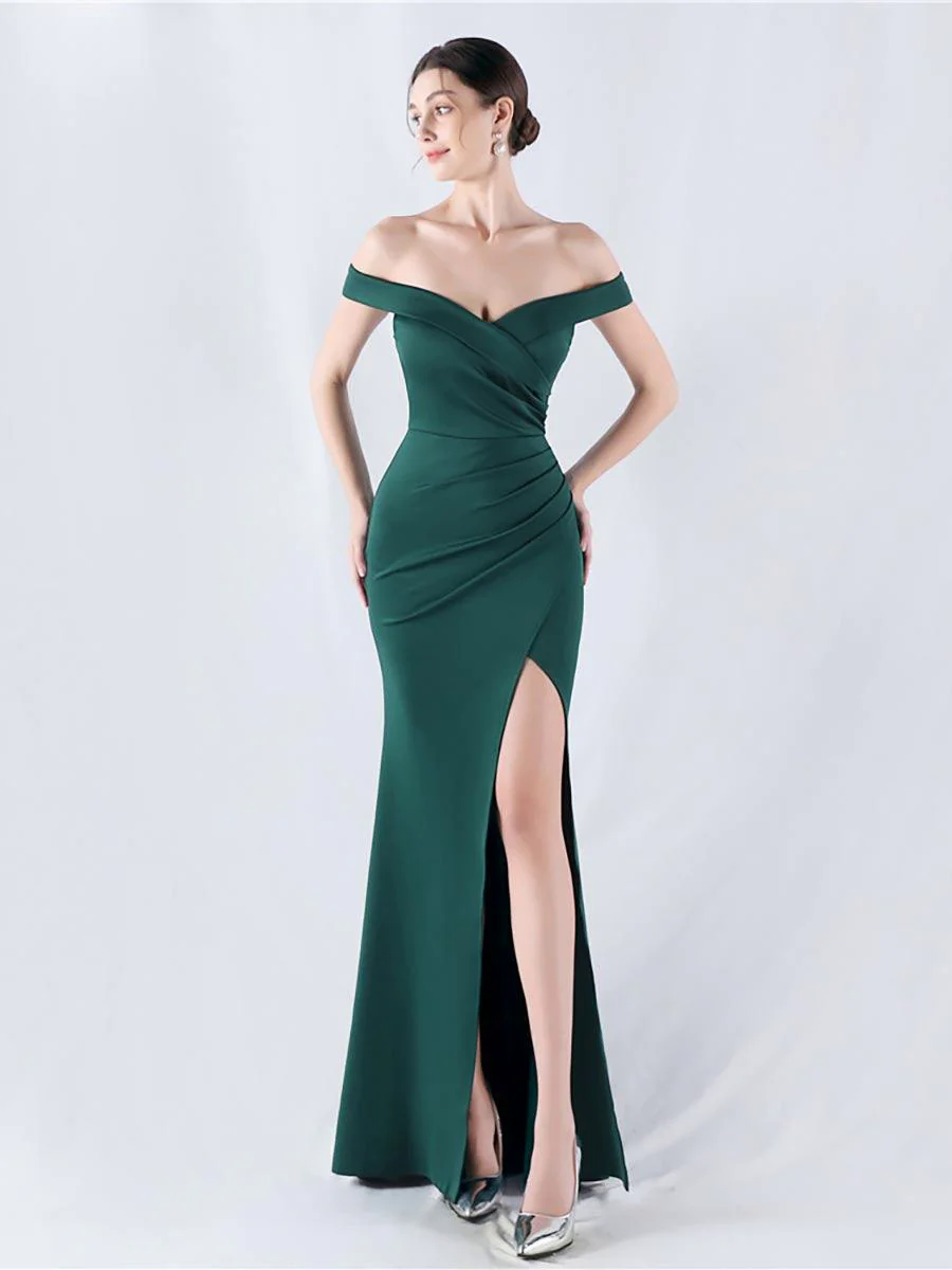 Off Shoulder Ruched Split Prom Dress MYN1003