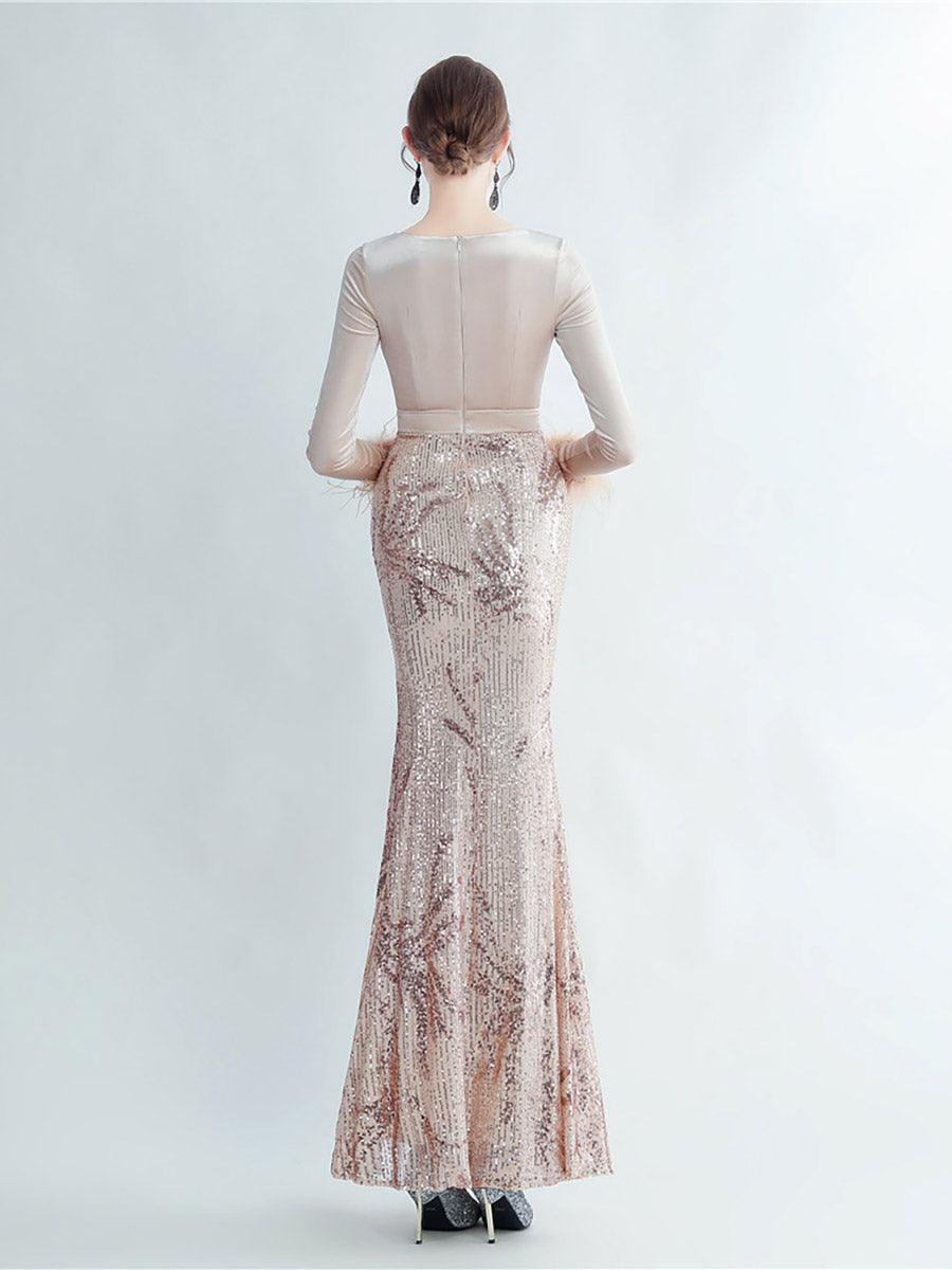 Long Sleeve Velvet Feather Wrap Prom Dress MCW0949