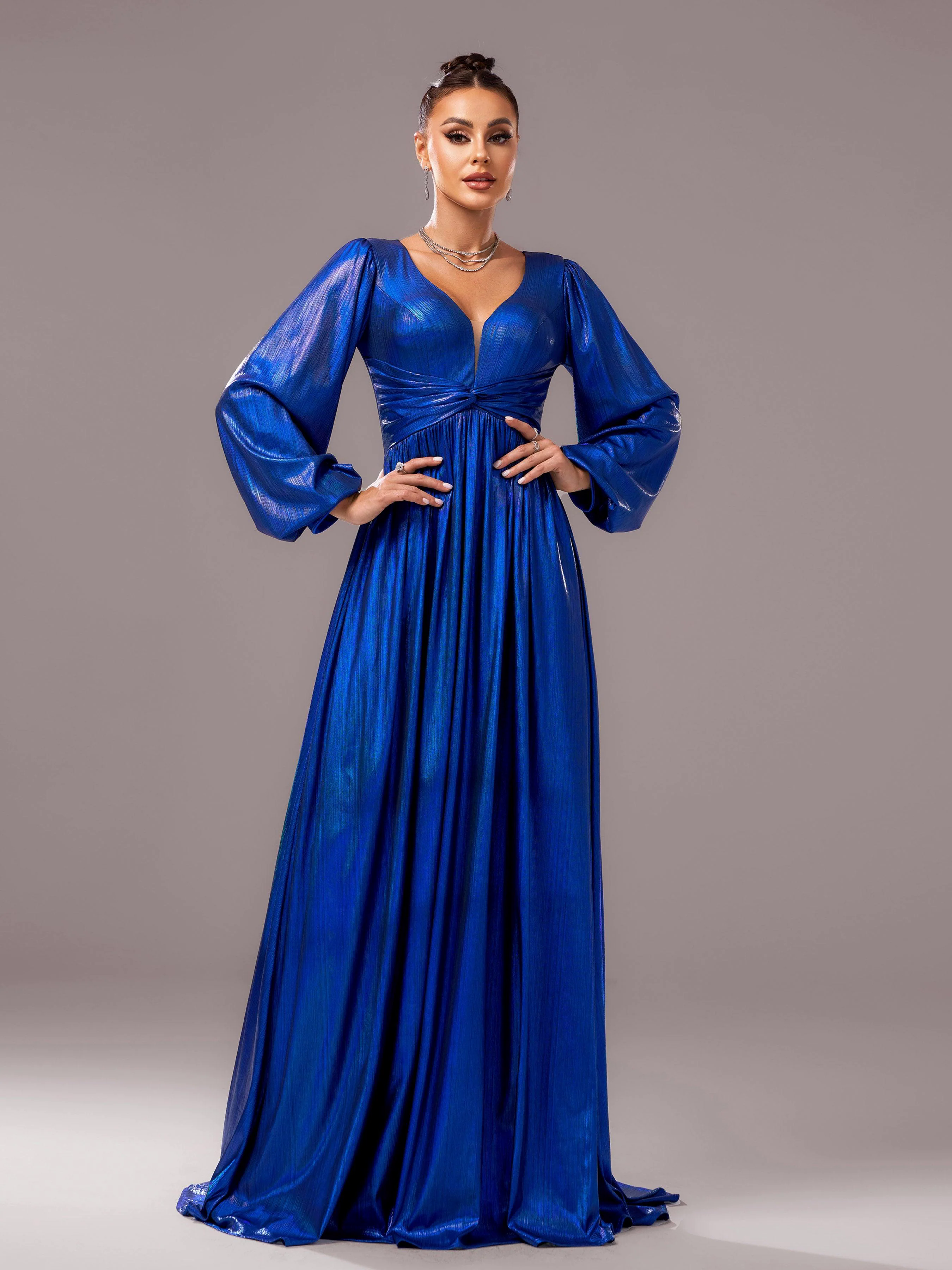Blue V-neck Long Sleeve A-line Prom Dress DH80273