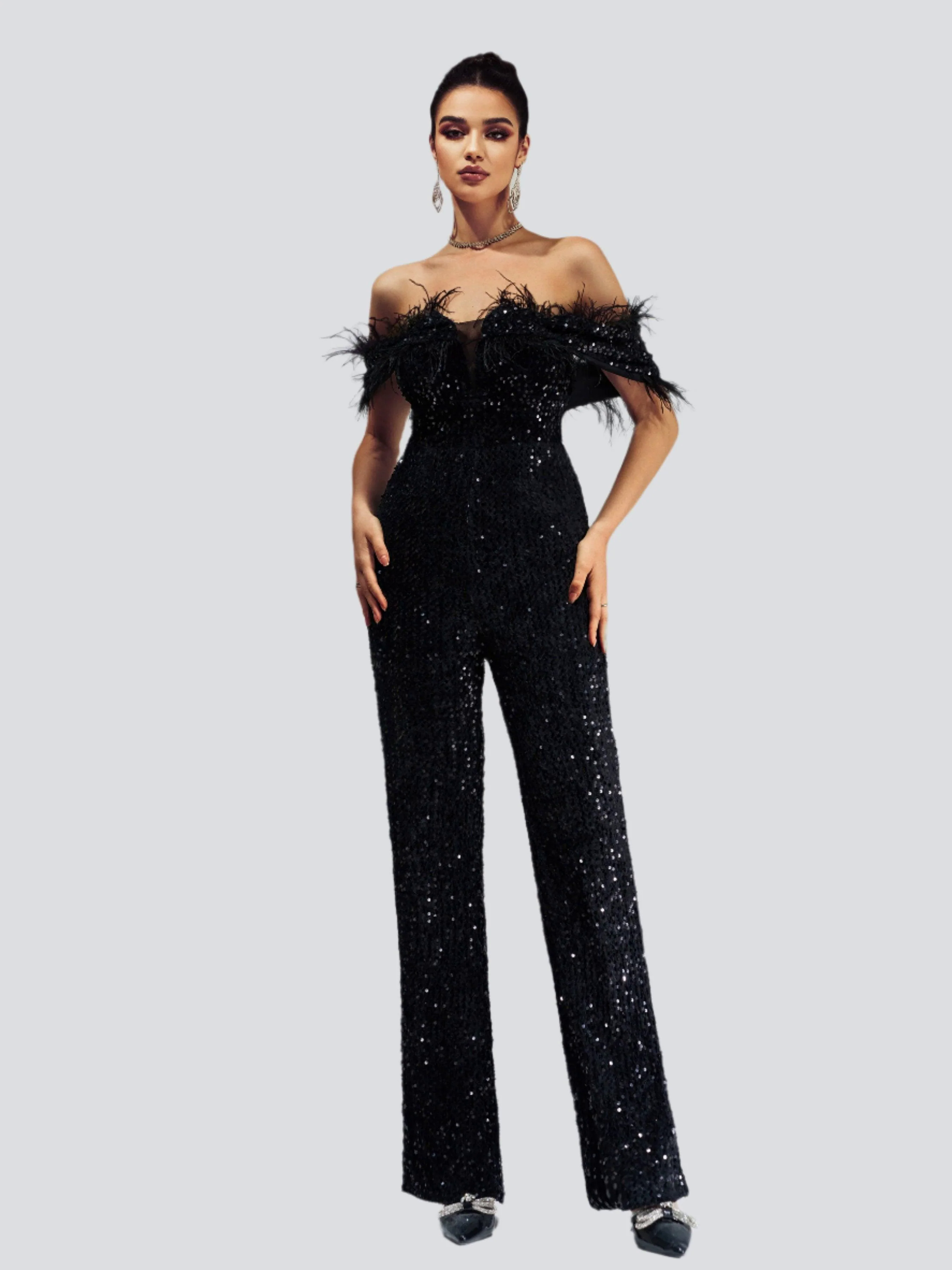 Off Shoulder Feather Jumpsuits M02251