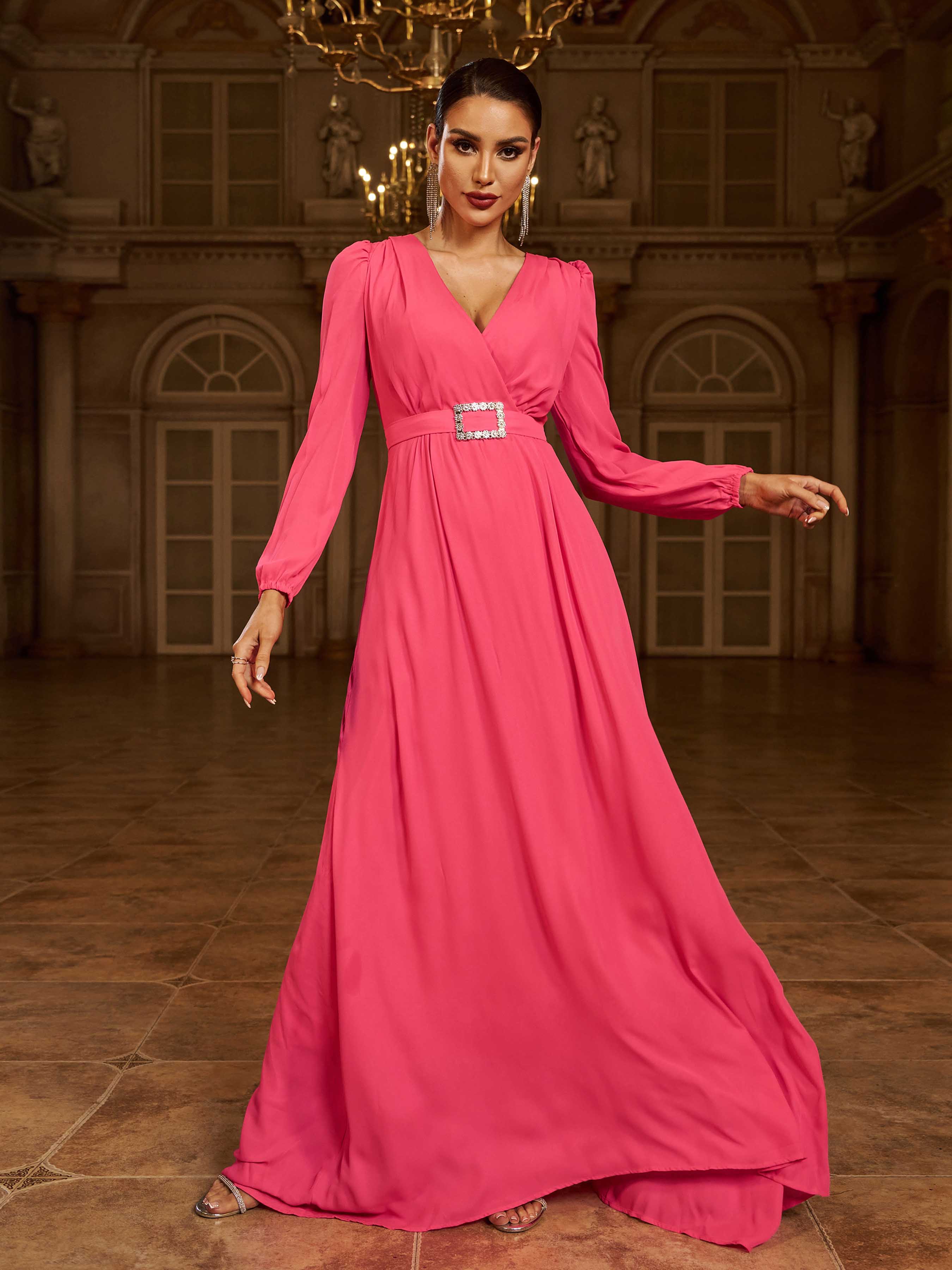 Formal V Neck A-Line Rose Red Chiffon Prom Dress XJ402