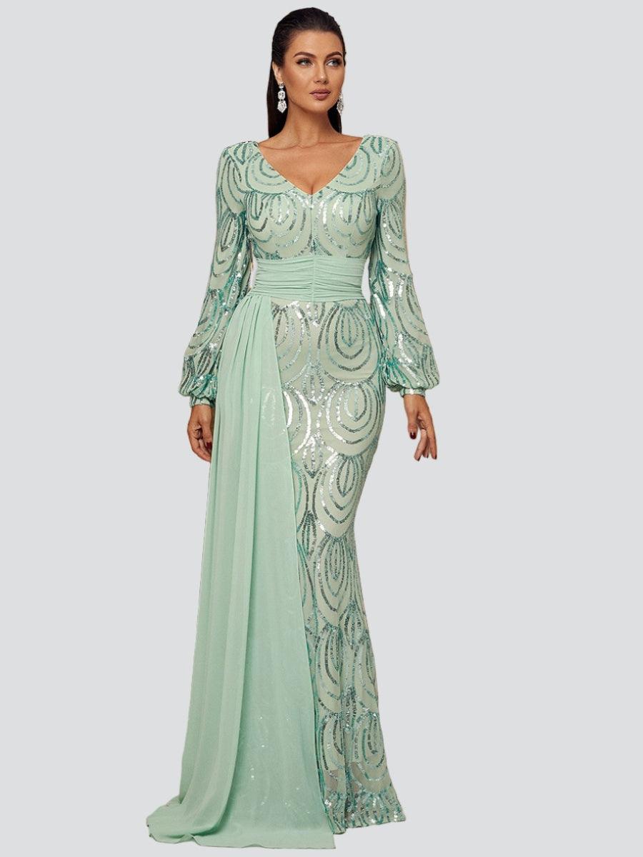 Formal Draping Sequin Long Sleeve Dress XJ1524