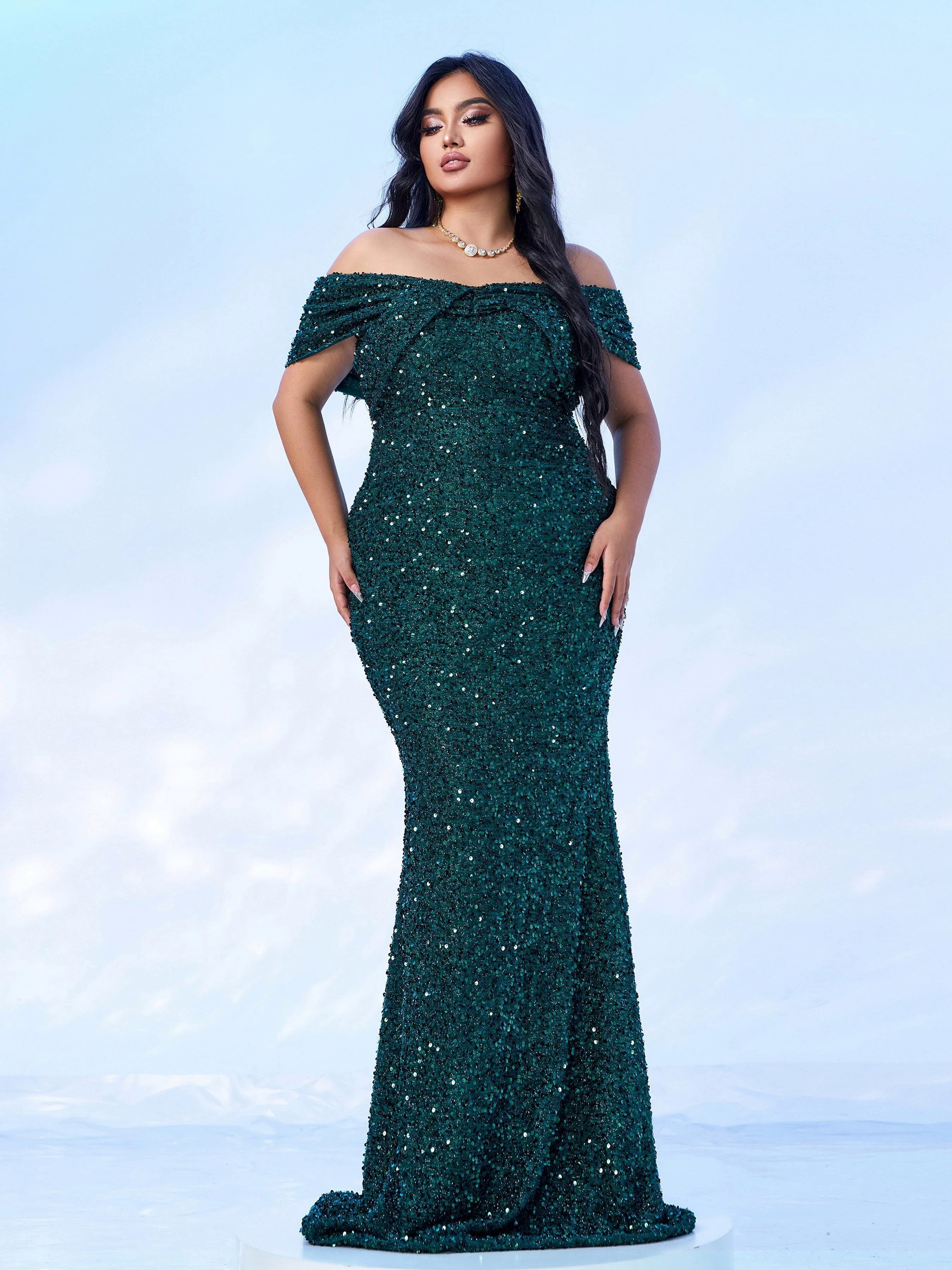 Plus Size Off Shoulder Sequin Mermaid Dress PWY108