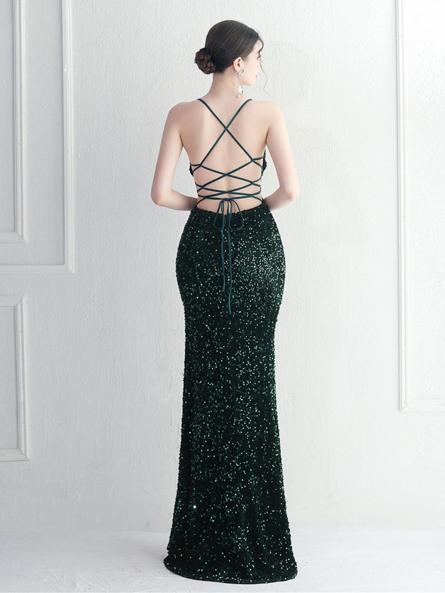 Lace Back Split Sequin Spaghetti Cocktail Dress MYC2004