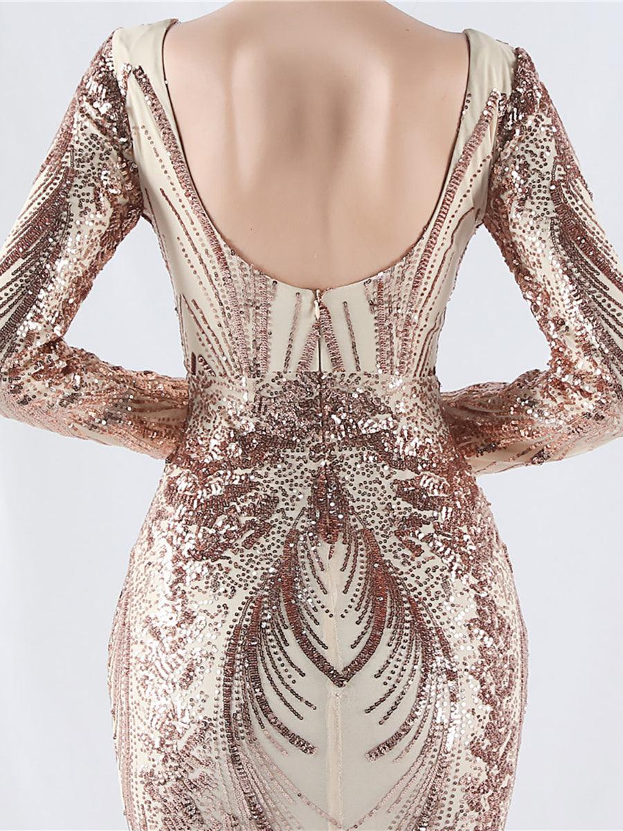 Long Sleeve Sequin V-neck Backless Prom Dress MCW1000