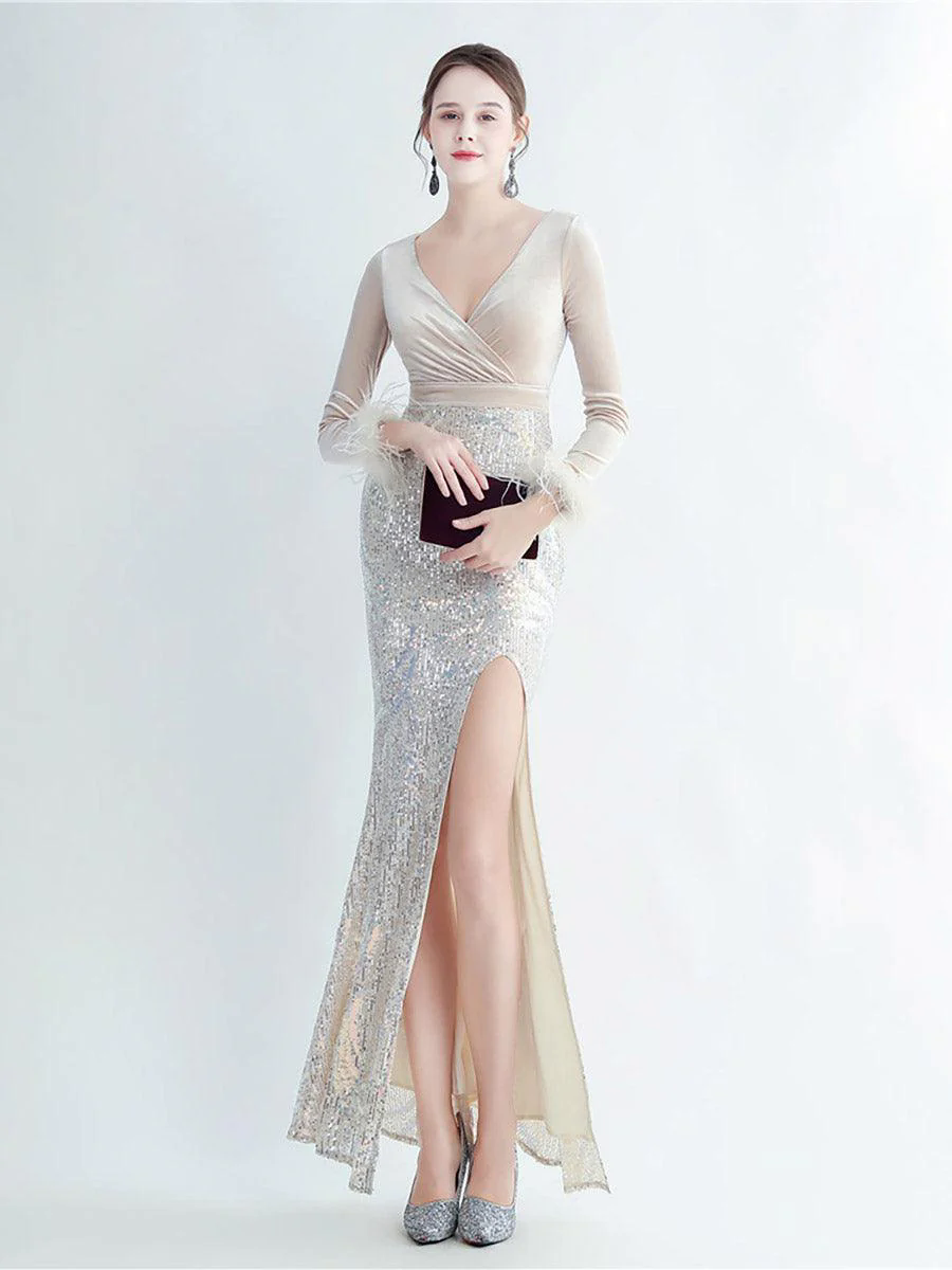 Long Sleeve Velvet Feather Wrap Prom Dress MCW0949