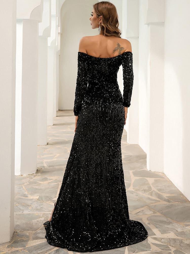 Off Shoulder Mesh Insert Split Sequin Prom Dress M0806