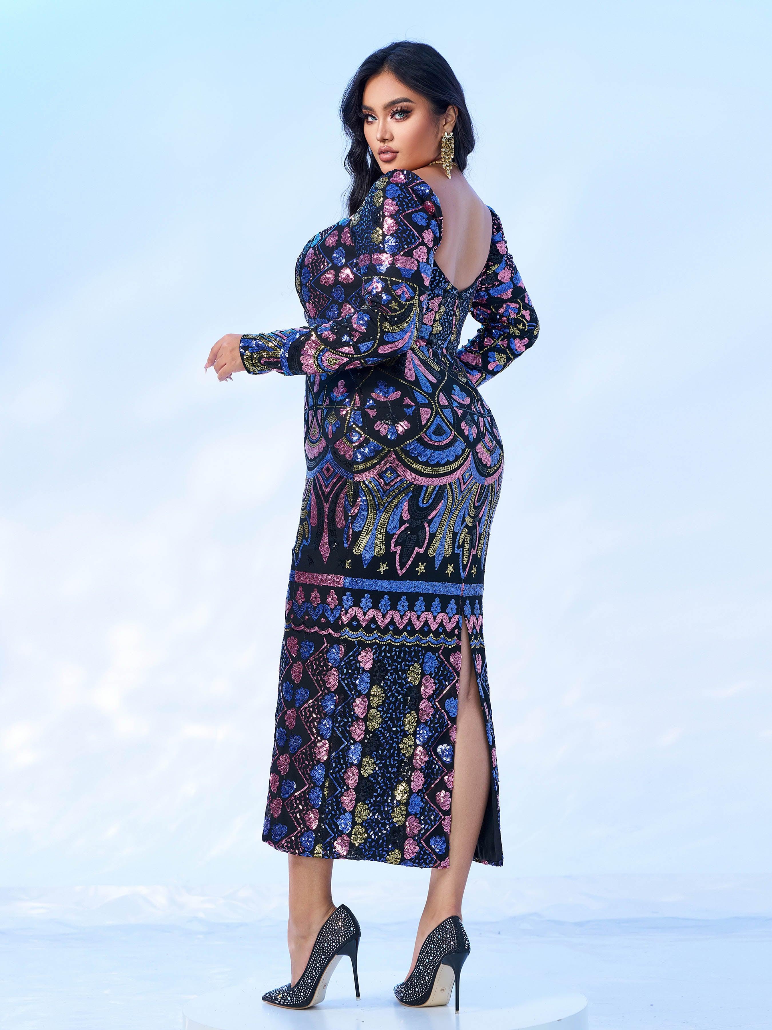 Plus Square Neck Sequin Split Midi Dress PRM20830