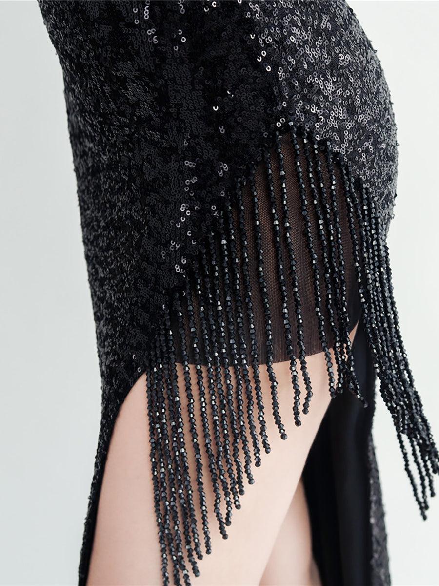 Fringed Sequin Spaghetti Split Cocktail Dress MYC2008