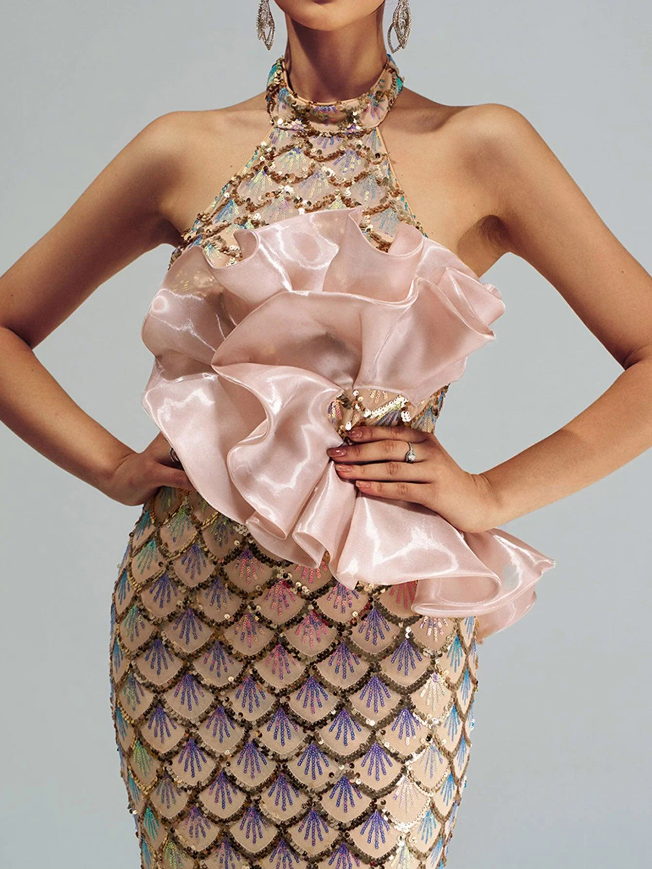 Halter Floral Mermaid Sequin Evening Dress DH80204