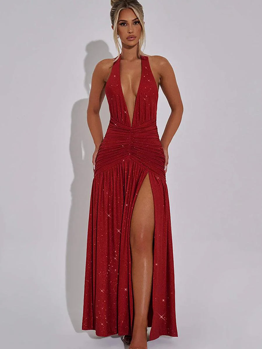 Halter Backless Sequin Plung Prom Dress MYC2020