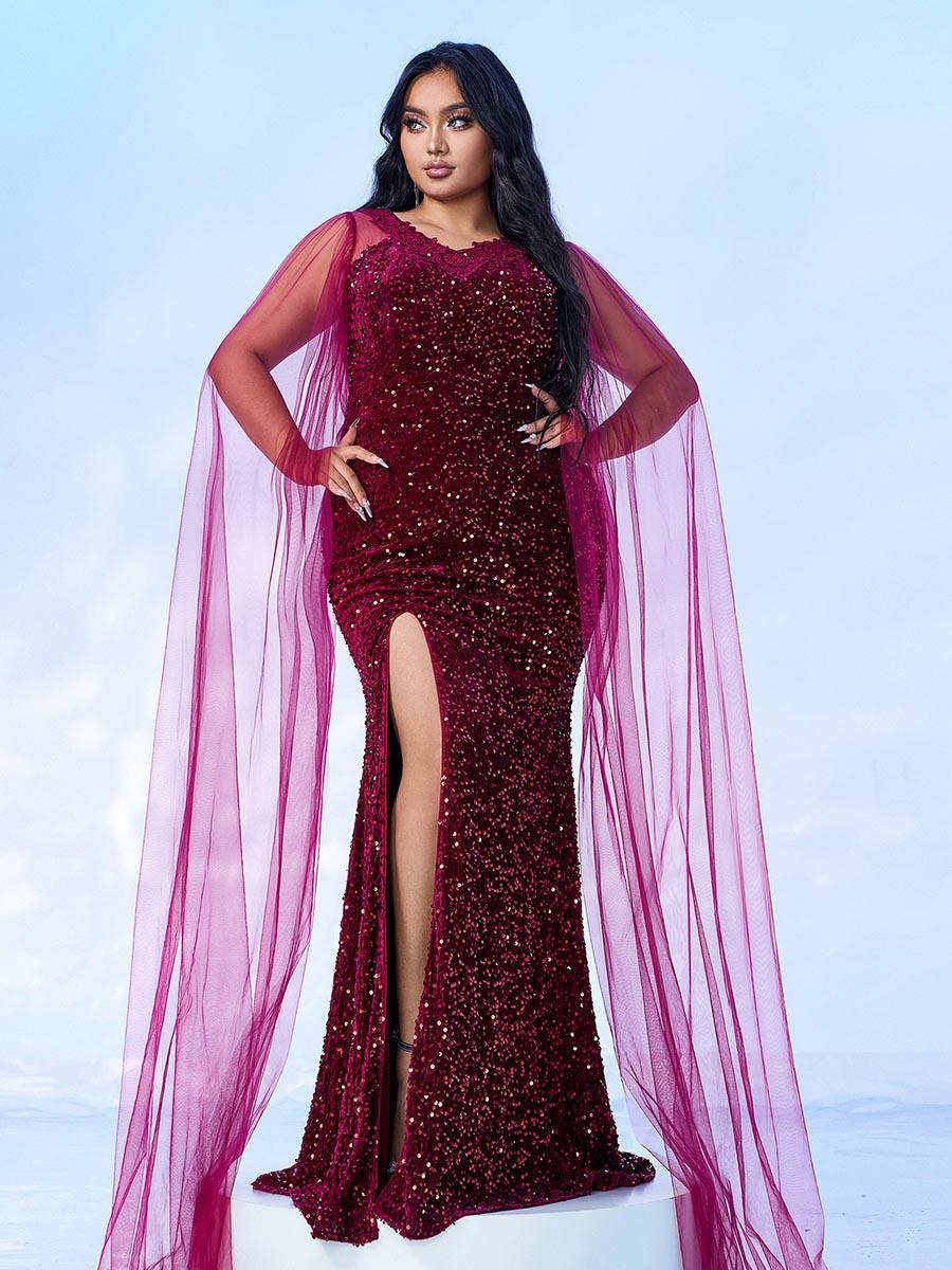 Plus Burgundy Panel Sequin Split Prom Dress PMES00533