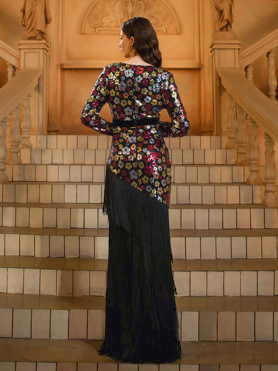 Fringed Split Floral Sequin Prom Dress GM00713