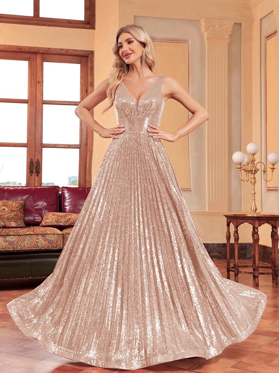 Sequin Pleated A-line V-neck Prom Dress MCC1236