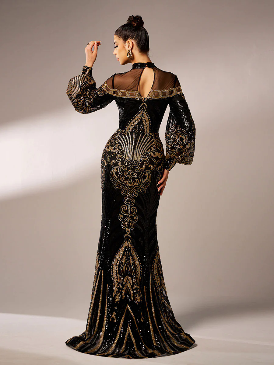 Luxe Embroidered Ballon Sleeve Evening Dress DH80229