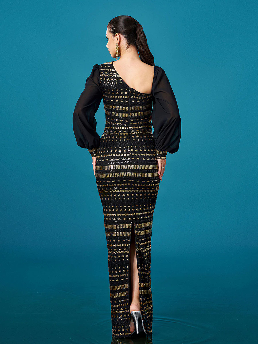 Black Long Sleeve Cutout Sheath Sequin Dress RJ12093