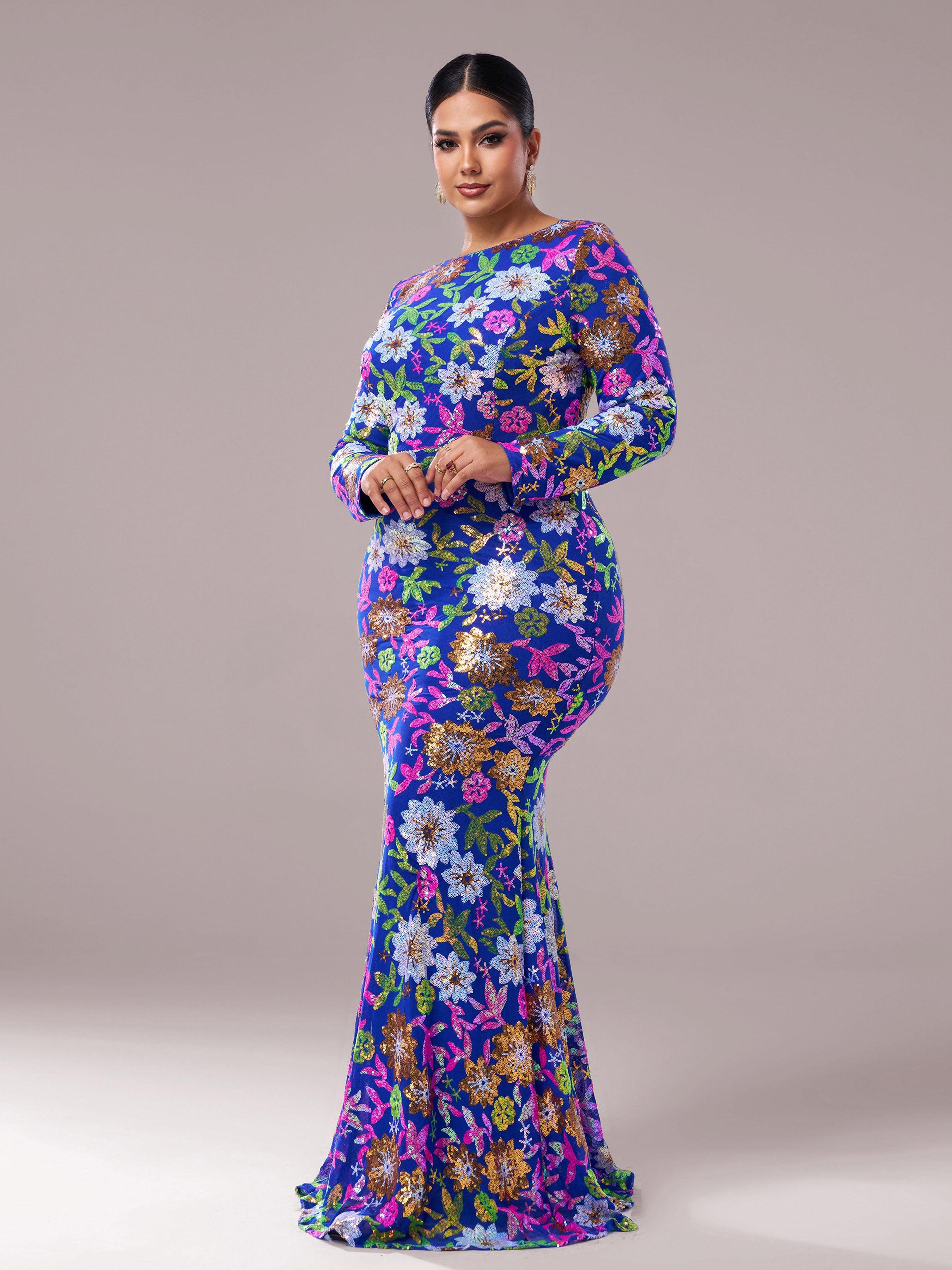 Plus Crew Neck Floral Sequin Dress PRJ10987
