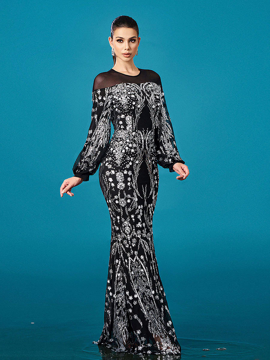 Ballon Sleeve Floral Sequin Mermaid Formal Dress GM00647