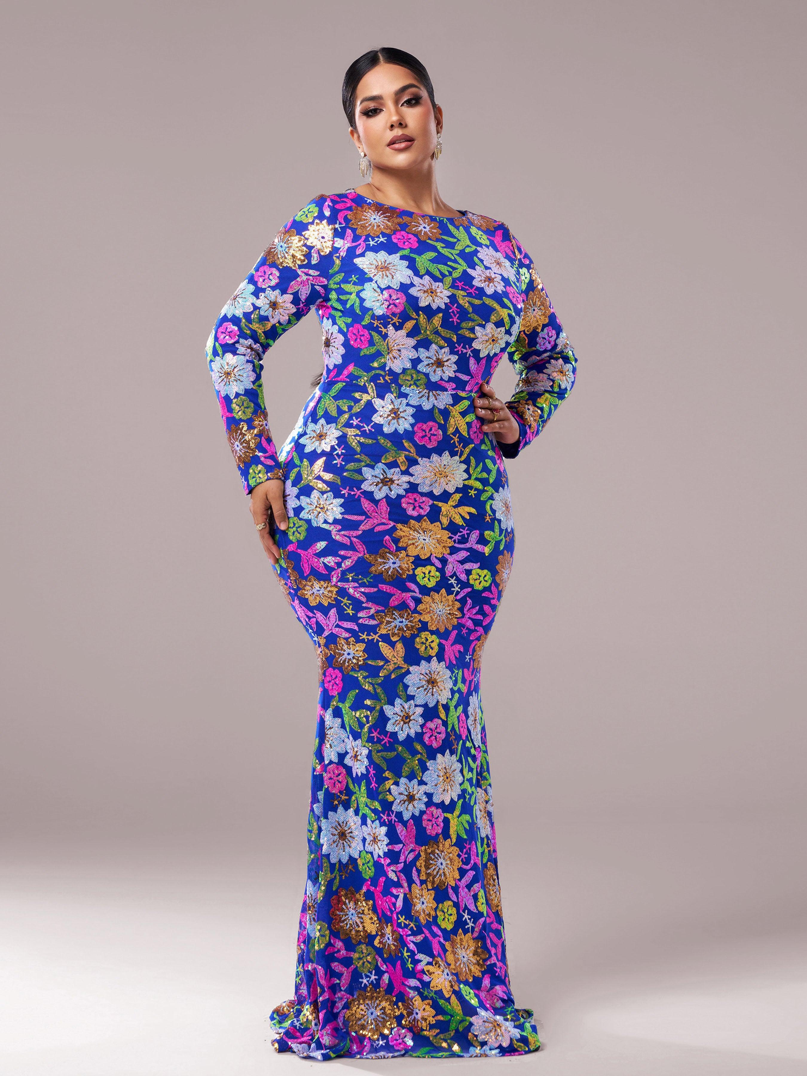 Plus Crew Neck Floral Sequin Dress PRJ10987