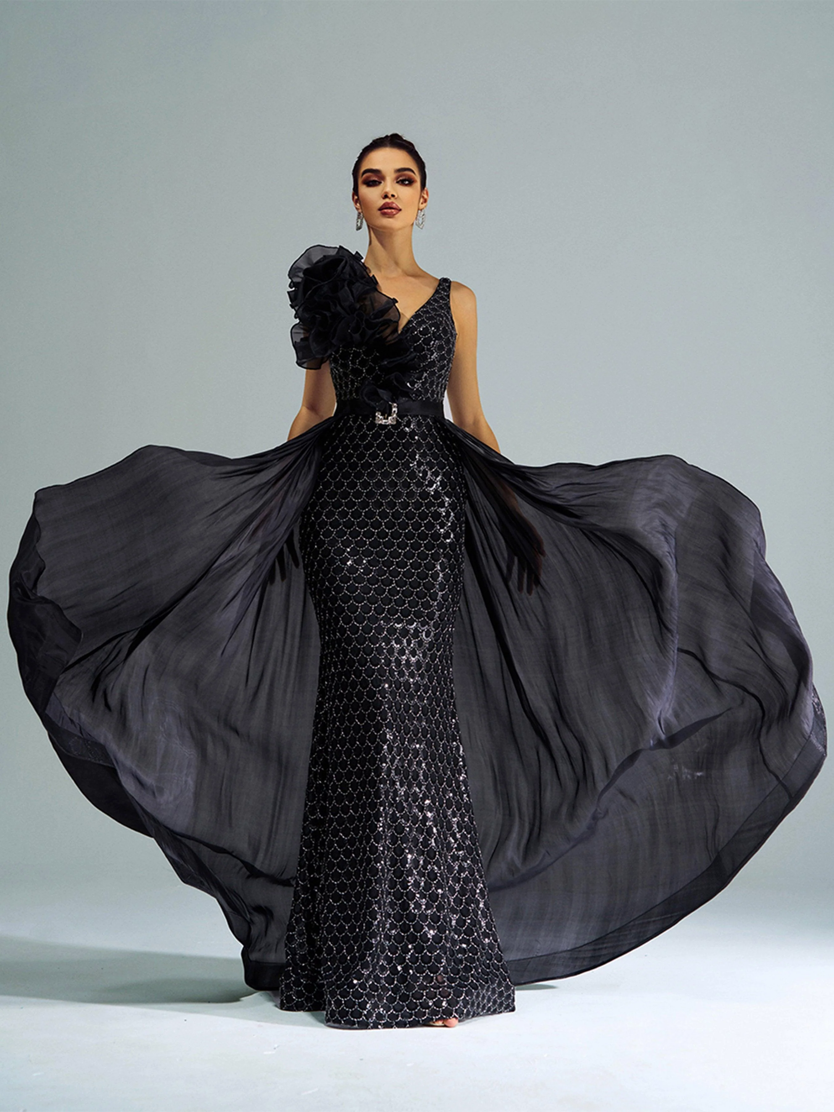 Ruffled Backless Mesh Cape Evening Dress DH80079