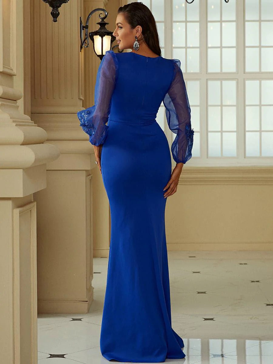 Lantern Sleeves Sweetheart Neck Mermaid Hem Blue Prom Dress XH2203