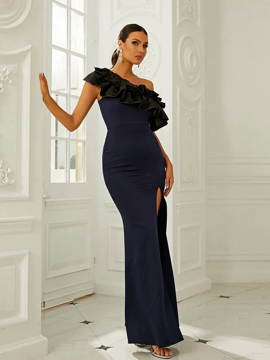 Elegant One Shoulder Ruffle Navy Prom Gown XJ1363