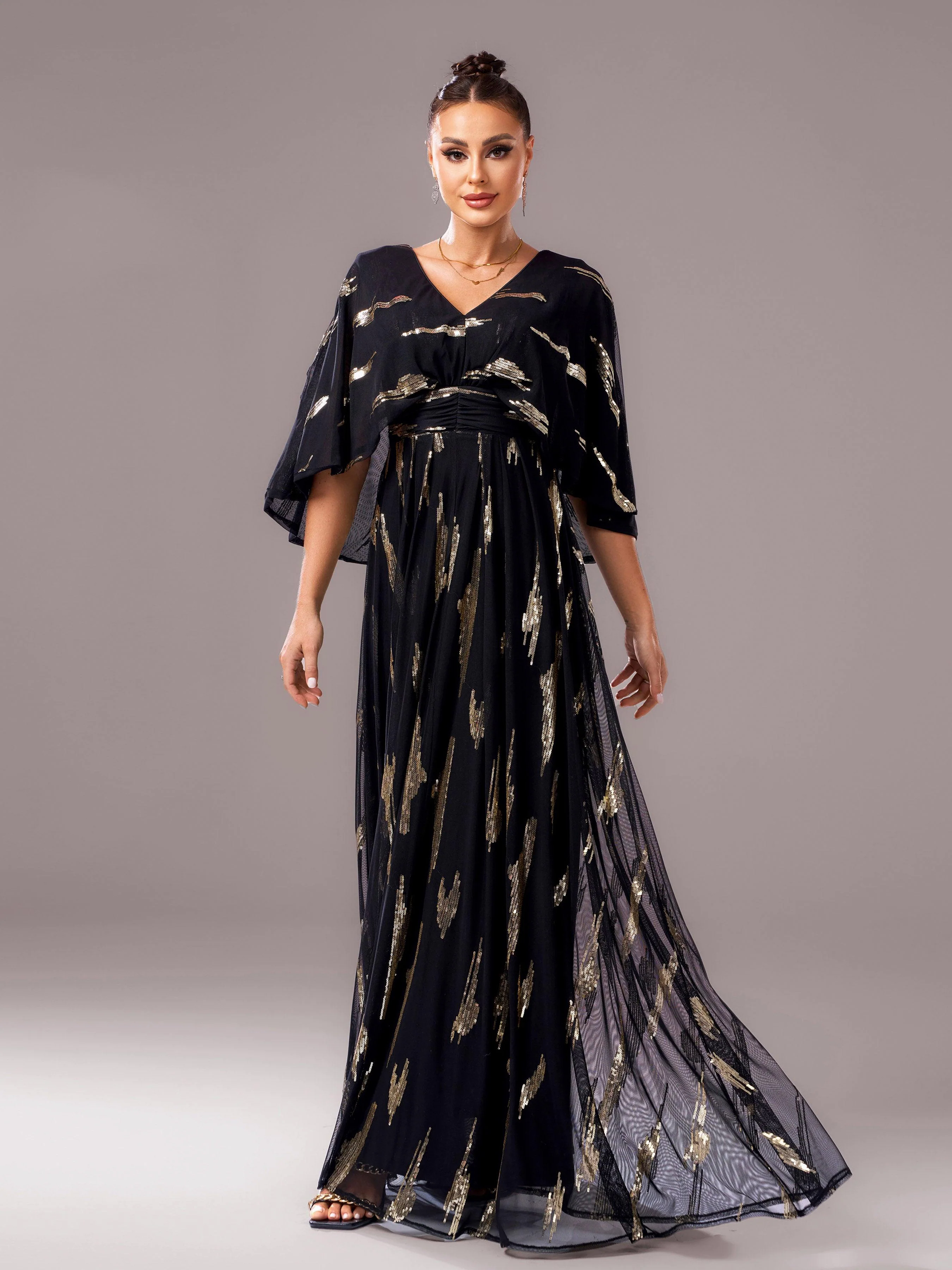 V-neck Loose Cape Sleeve Prom Chiffon Dress GM00638