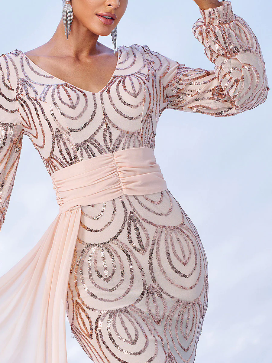 Formal Draping Sequin Long Sleeve Dress XJ1524