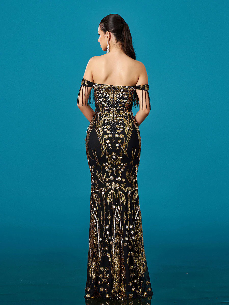 Off Shoulder Fringed Floral Sequin Prom Dress DH80448