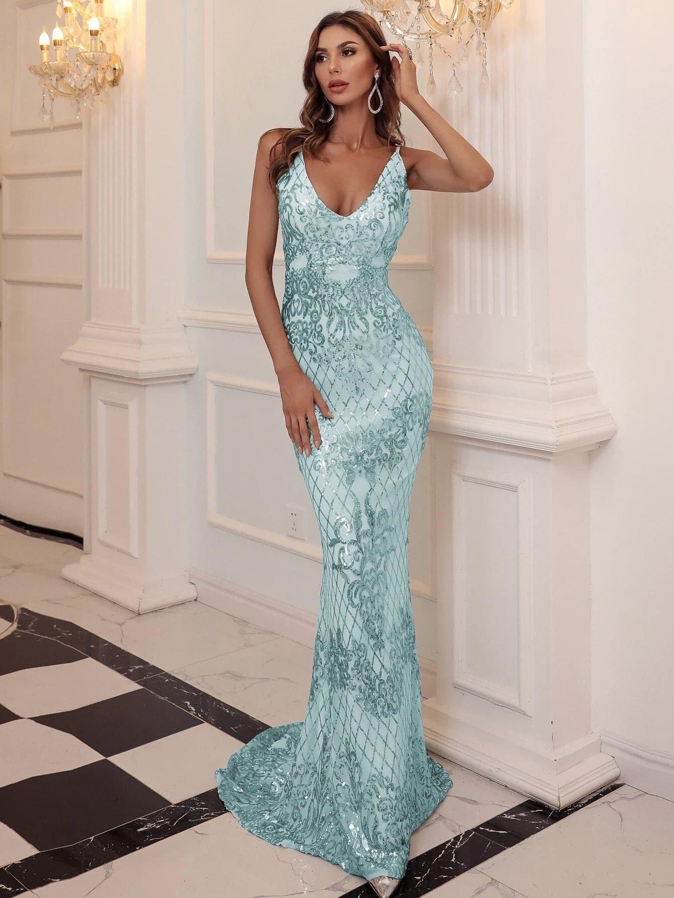 Mermaid Spaghetti Sequin Evening Dress M0645