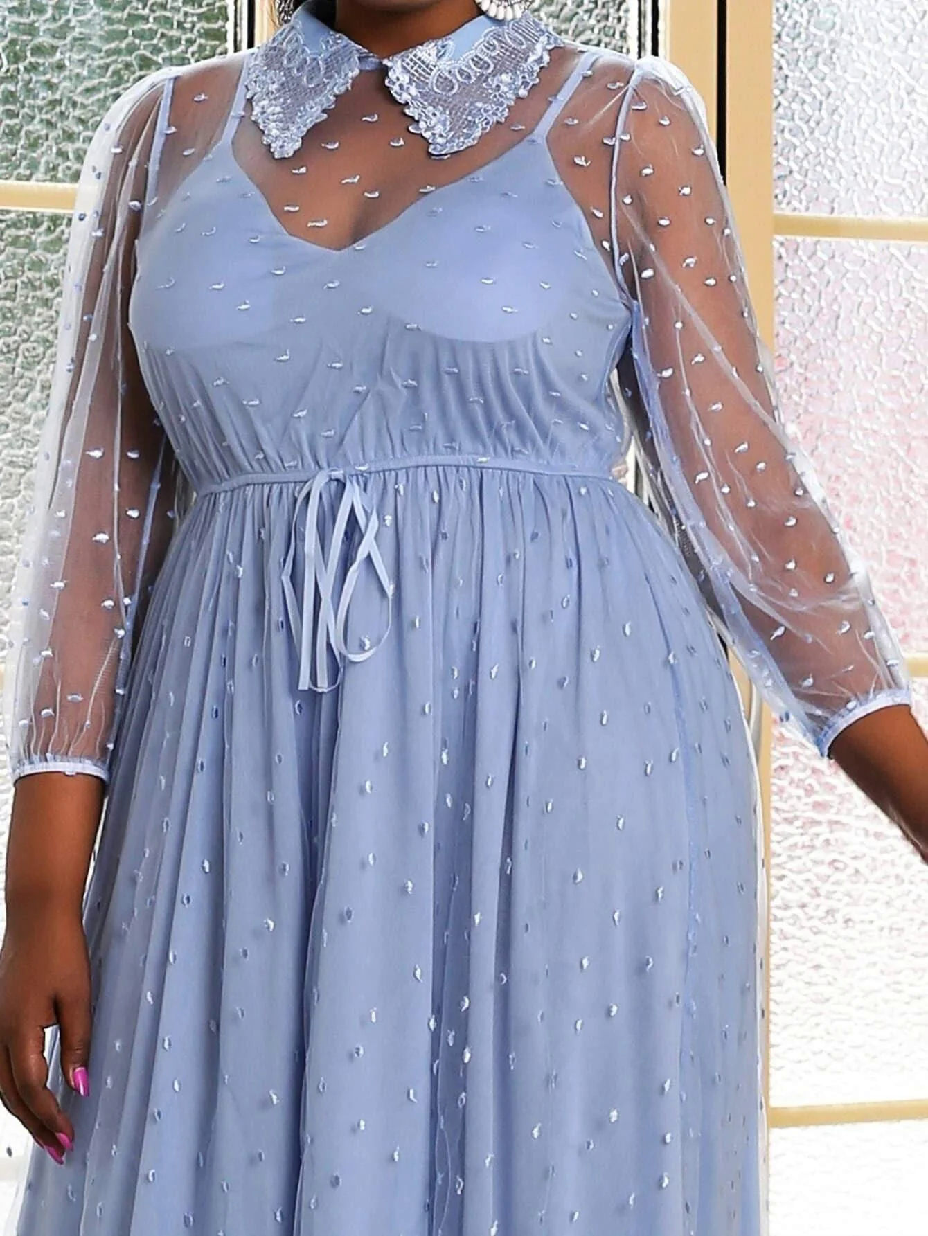 MISSORD Plus Knot Front Maxi Embroidery Mesh Prom Dress P0154