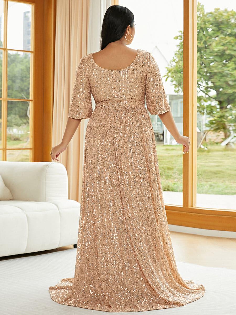 Plus V Neck Sequin Apricot Evening Dress PXJ2647