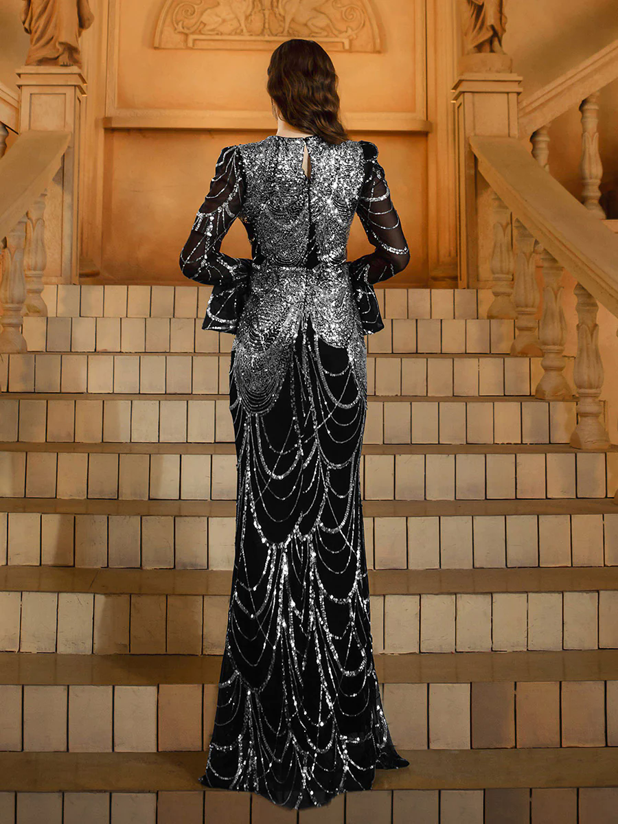 Black Sequin Ruffled Baroque Formal Dress MES72155