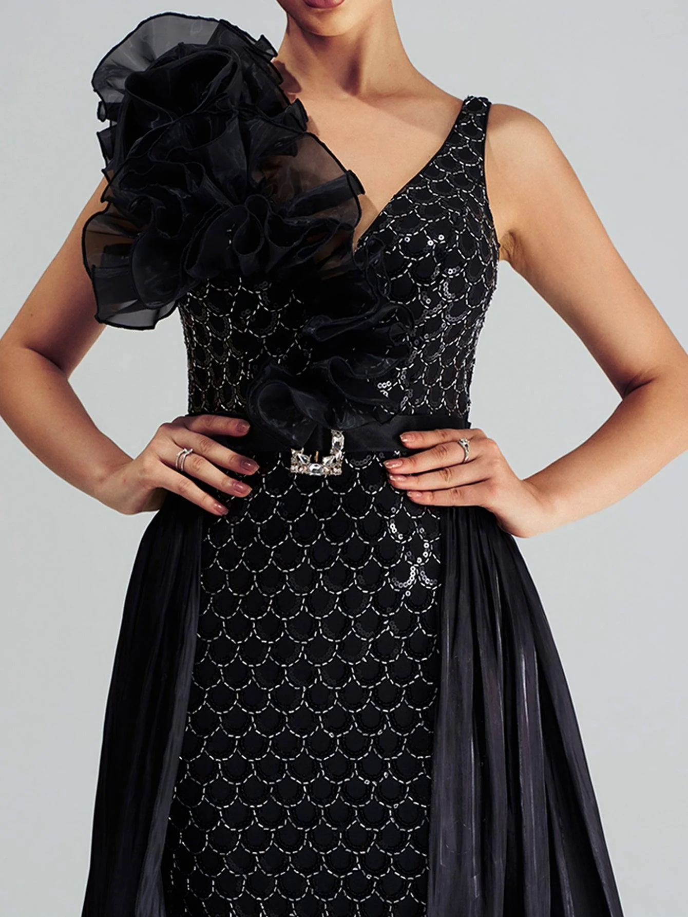 Ruffled Backless Mesh Cape Evening Dress DH80079