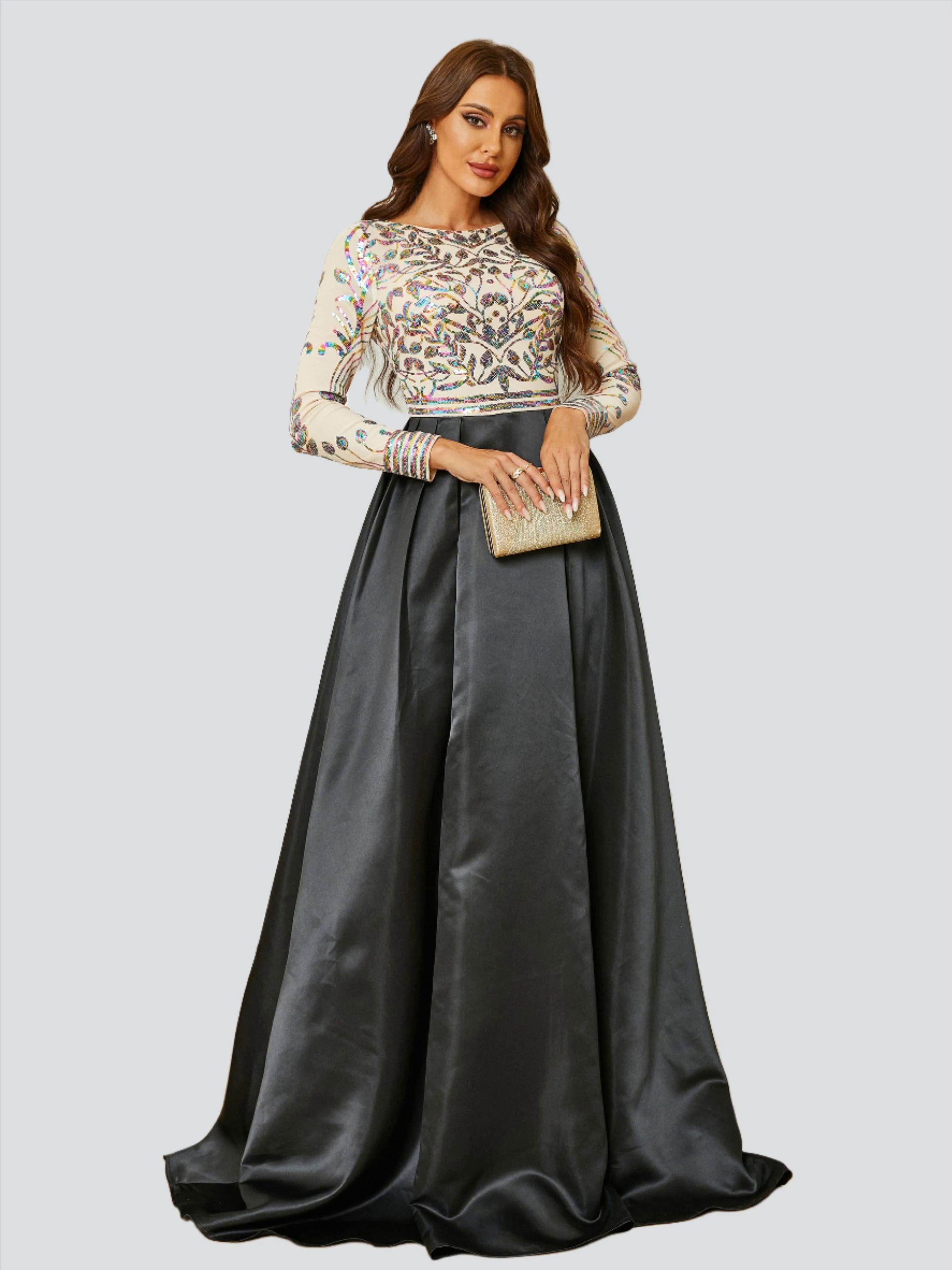 Formal A-Line Satin Panel Black Ball Gown RM20428