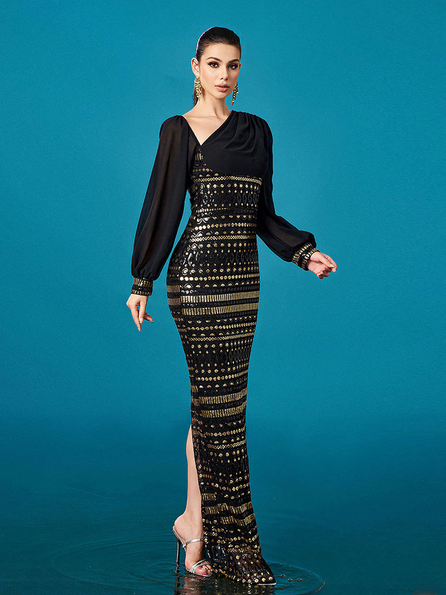 Black Long Sleeve Cutout Sheath Sequin Dress RJ12093