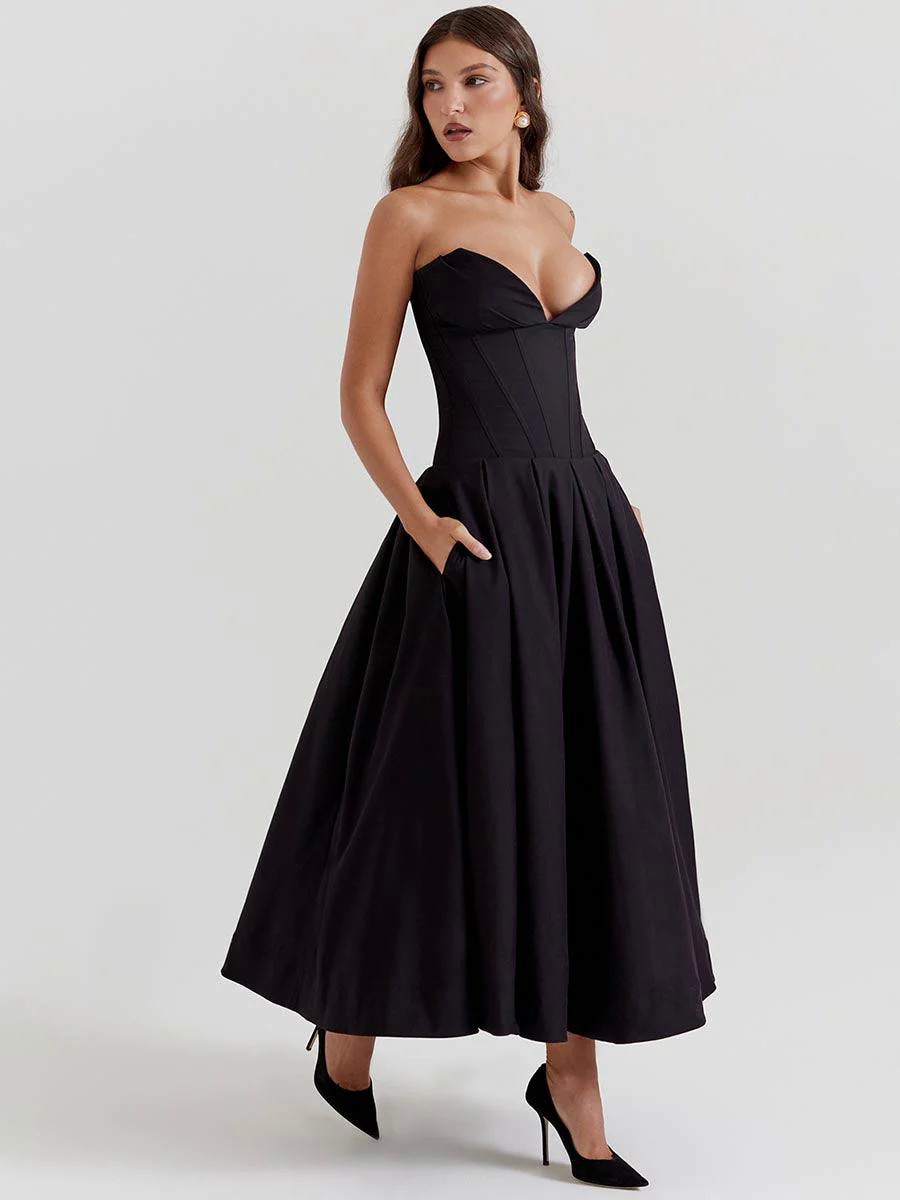 Black Corset Strapless A-line Prom Dress MYC1010