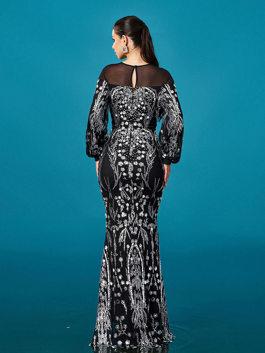Ballon Sleeve Floral Sequin Mermaid Formal Dress GM00647